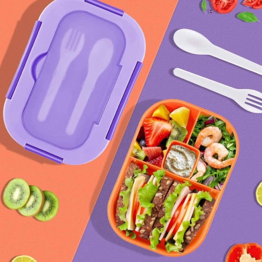 1.3L Bento Box Adult Lunch Box 4 Compartments Utensiles, Leak-Proof Purple